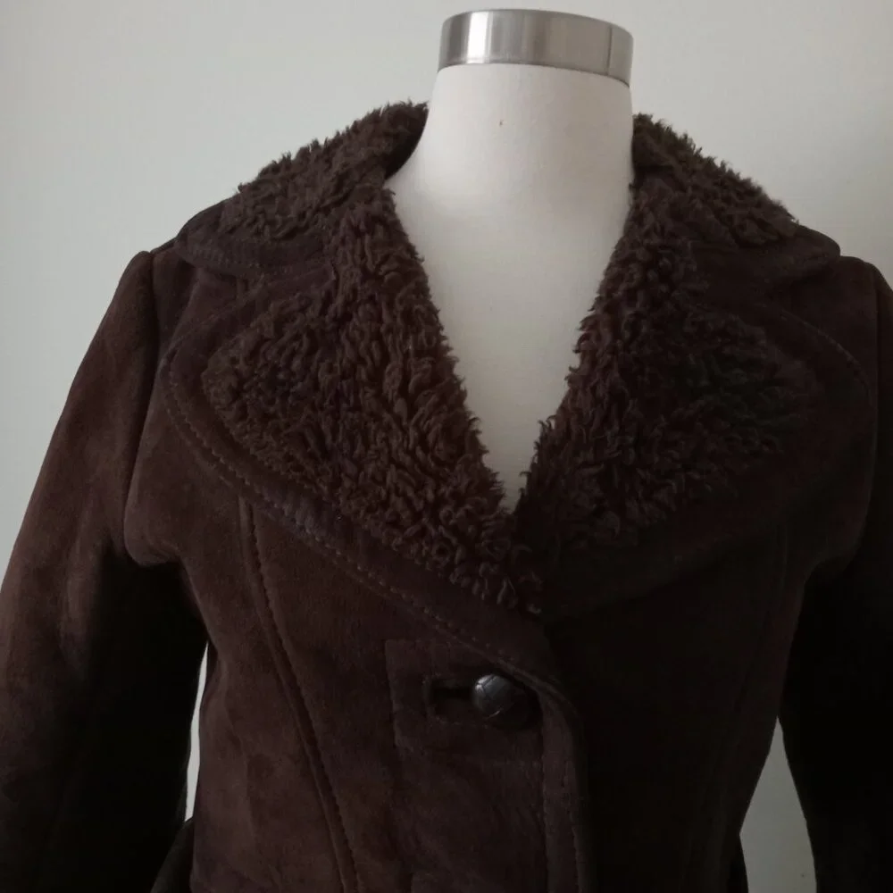 Vintage 1970s Suede Shearling Chocolate Brown Penny Lane  Belted Coat - Picture 4 of 6